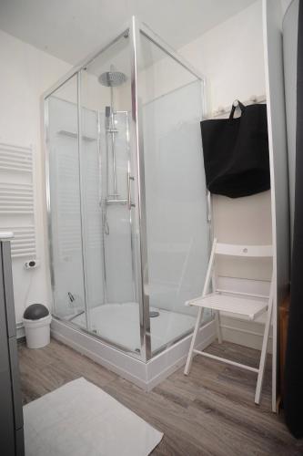 a shower with a glass enclosure in a room at Le Champlain Duplex Port de plaisance in Dieppe