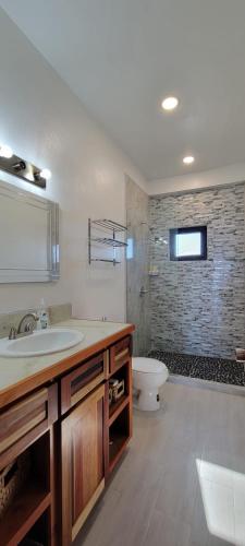 łazienka z umywalką, wanną i toaletą w obiekcie Lickety Split-Oceanview with Rooftop Escape w Caye Caulker