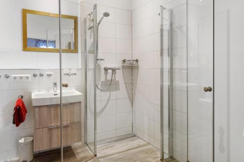 un bagno con doccia e lavandino di Jogis Ferienwohnungen a Friburgo in Brisgovia