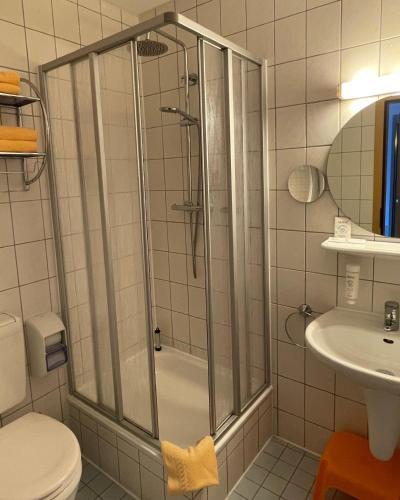 a bathroom with a shower and a toilet and a sink at Akzent Berghotel Rosstrappe in Thale