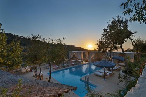 a large swimming pool with an umbrella and lounge chairs at Casadar Guesthouse in Ash Shi‘b