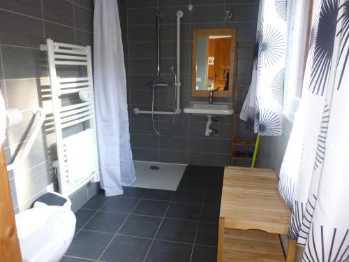 a bathroom with a shower and a sink at Gîtes et yourte le Tucaou avec bains nordiques in Camous