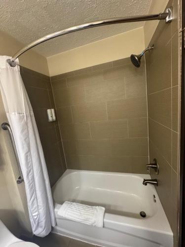 a bathroom with a bath tub with a shower curtain at Quality Inn & Suites Green Bay - Ashwaubenon in Green Bay