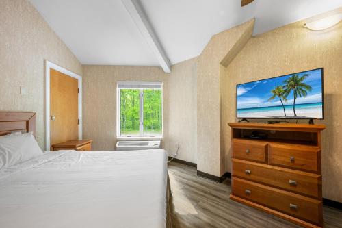 ein Schlafzimmer mit einem Bett und einem Flachbildfernseher in der Unterkunft Cedar Park Inn in North Stonington