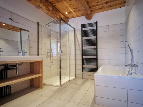 a bathroom with a shower and a sink and a tub at La FRAMBOISINE in Les Granges