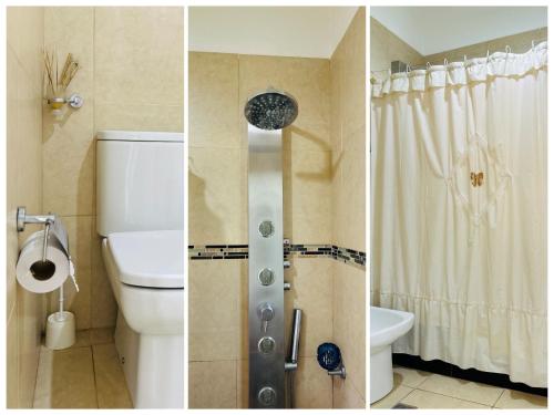 LA ESQUINA DE LA FLOR في Campo Quijano: صورتين لحمام مع مرحاض ودش