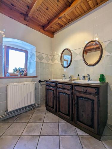 a bathroom with a sink and a mirror at Chambre d'hôtes à Vousse in Retournac