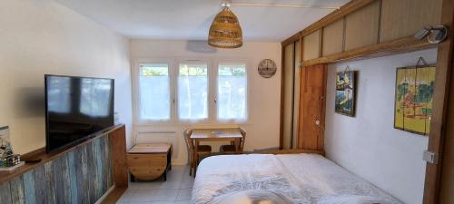 ein kleines Schlafzimmer mit einem Bett und einem Fernseher in der Unterkunft VK Ocean in Mimizan