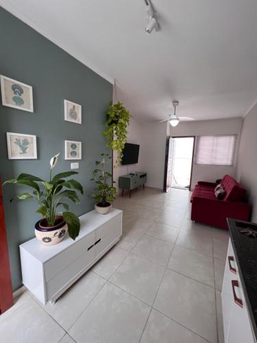 una sala de estar con dos macetas en la pared en Casa Aconchegante em Itanhaem- Piscina e Churrasqueira 10 pessoas, en Itanhaém