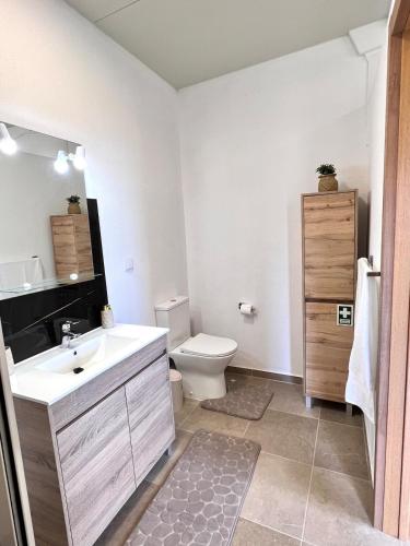 une salle de bains avec un lavabo blanc et des toilettes dans l'établissement Bravas House 1, à Tábua