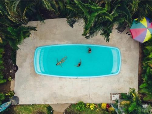 an overhead view of a swimming pool with two people in it at Buddha Retreat Hotel in San Juanillo