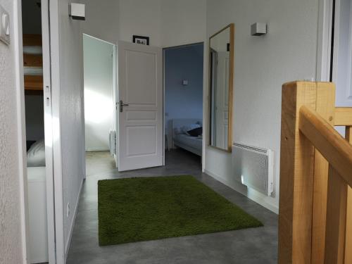 a hallway with a green rug in a room at Gites et camping le Sédour in Riom-ès-Montagnes