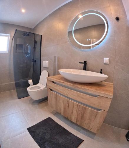 a bathroom with a sink and a toilet and a mirror at Apartman Anita in Kupres
