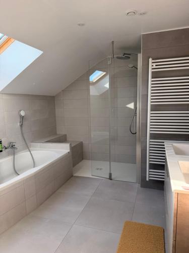 ein Badezimmer mit Dusche und Badewanne in der Unterkunft Hôtel Parc Adélie - Logis Hôtels in Montagny-lès-Beaune