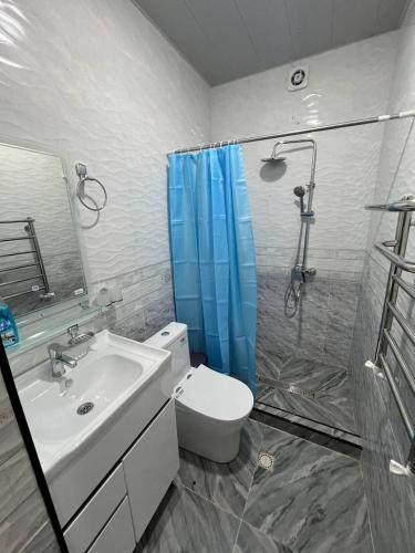 Zamin Dacha的浴室里有马桶、淋浴和洗手池。