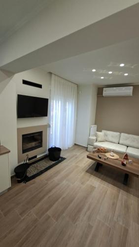 a living room with a couch and a fireplace at K & V apartments in Amfiklia