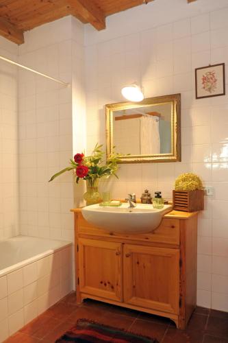 a bathroom with a sink and a mirror and a tub at La casa dei Giardini, Bioglio in Bioglio