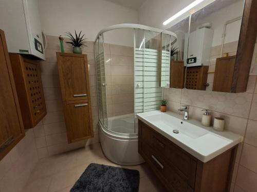 un bagno con vasca, lavandino e doccia di Vince apartman a Pécs