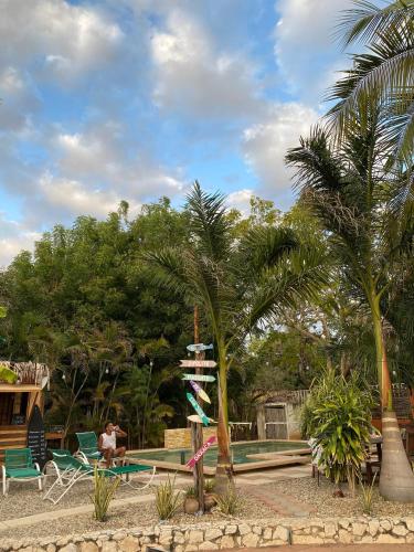 a pool with palm trees and a person sitting in a chair at Nopalero Hostel in Puerto Escondido