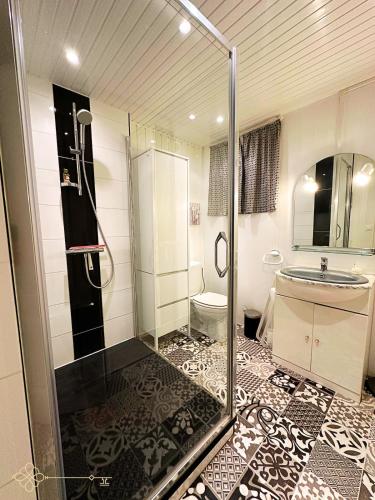 ein Badezimmer mit Dusche und Waschbecken in der Unterkunft Studio 4-6 personnes aux Eaux-Bonnes in Eaux-Bonnes