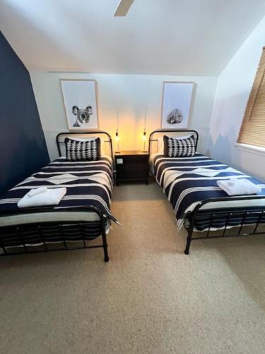 two beds in a room with blue walls at Blue Wren Ridge in Buffalo River