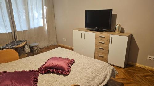 a bedroom with a bed and a television on a dresser at Kambarių nuoma Kaune Taikos pr in Kaunas
