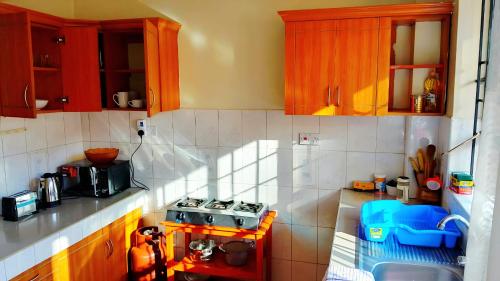 Turquoise Haven في نيروبي: مطبخ صغير مع موقد ومغسلة