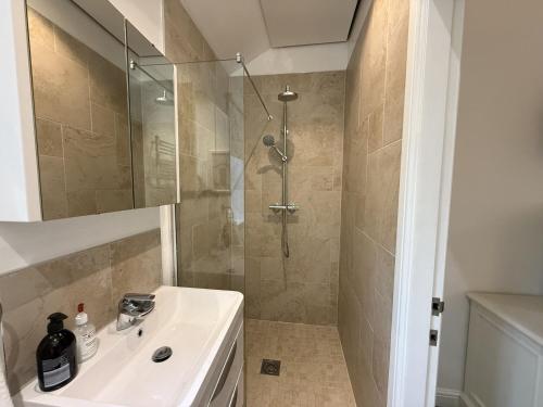 a bathroom with a shower with a sink and a shower at Mariners, The Bay, 2 bedrooms with ensuites, parking nearby, 1 medium or 2 small dogs welcome in Filey