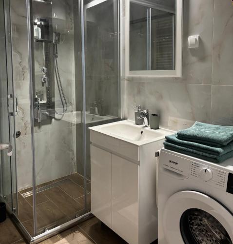 a bathroom with a shower and a washing machine at Apartman Panorama in Temerin