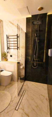 a bathroom with a shower and a toilet and a sink at Red Room Luxury puhkemaja in Kooli
