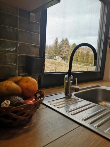 a kitchen counter with a sink and a basket of fruit at Dom z widokiem na góry in Zawodzie