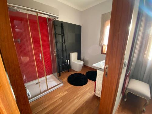 a bathroom with a shower and a toilet at Camélias Casa de Charme in Varziela