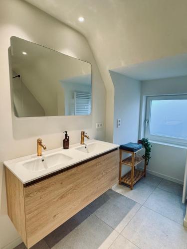 a bathroom with a sink and a large mirror at Villa Oni met grote speelruimte in Koksijde