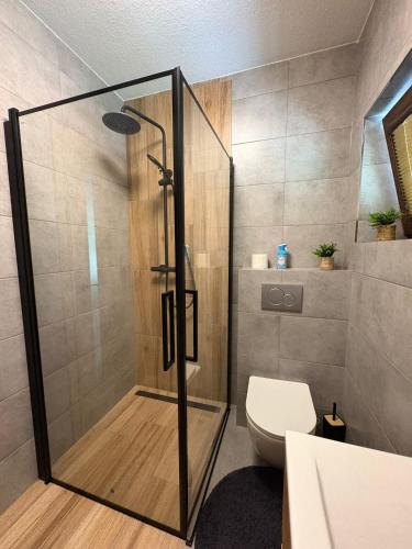a bathroom with a shower and a toilet at Chata Spomienka in Lúčky
