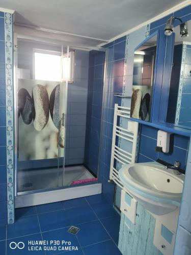 a blue bathroom with a shower and a sink at Casa Valea Cerbului Busteni in Buşteni