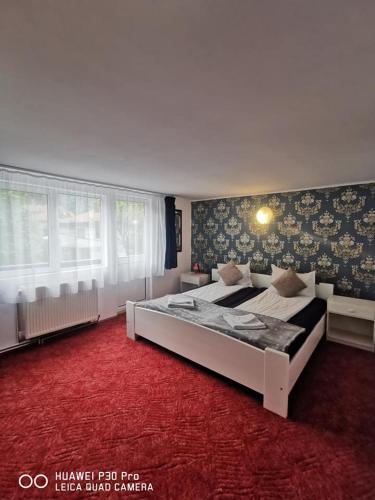 a bedroom with a large bed and a red carpet at Casa Valea Cerbului Busteni in Buşteni