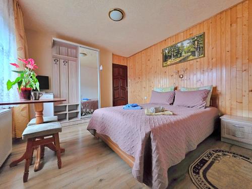 a bedroom with a bed and a desk in it at U Nazara in Slavske