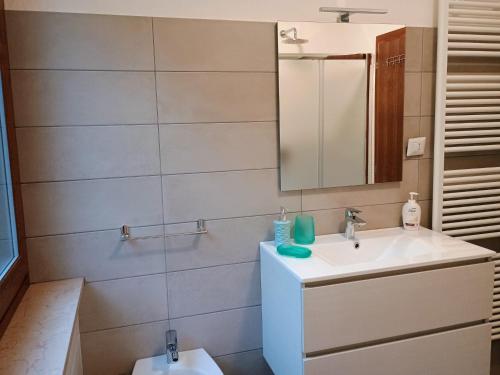 a bathroom with a sink and a mirror and a toilet at Villa Primula in Molveno