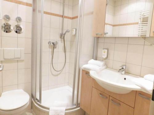 a bathroom with a shower and a toilet and a sink at Elegant eingerichtete Ferienwohnung in Granzow