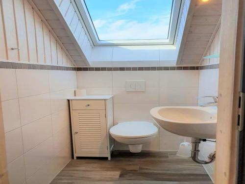 een badkamer met een toilet, een wastafel en een dakraam bij exklusives skandinavisches Ferienhaus in Granzow
