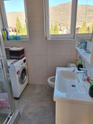 a bathroom with a washing machine and a sink at Apartman Centar in Drvar