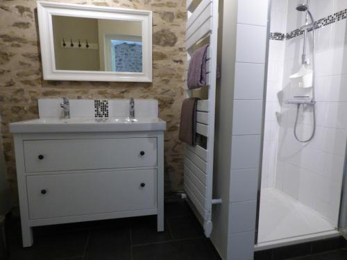 ein Badezimmer mit Waschbecken, Spiegel und Dusche in der Unterkunft Au Son du Jardin Poitevin in Saint-Laurs