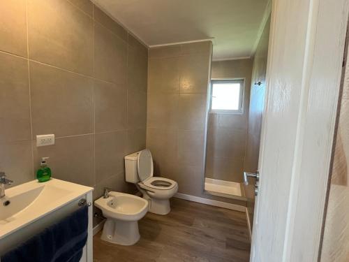 a bathroom with a toilet and a sink and a shower at Cabaña Flor Tandil in Tandil