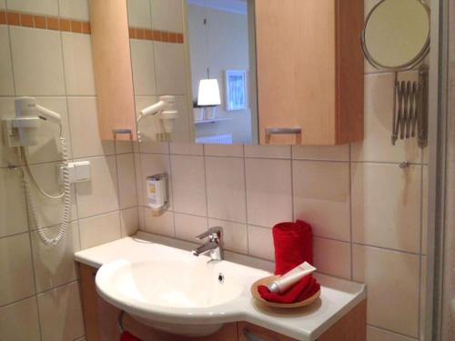 a bathroom with a sink and a mirror at Elegant eingerichtete Ferienwohnung in Granzow