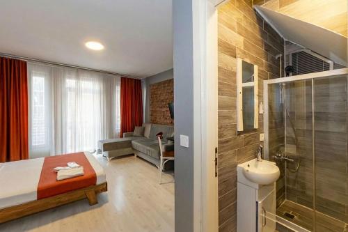 a hotel room with a bed and a bathroom at Lion Apart Hotel Taksim in Istanbul
