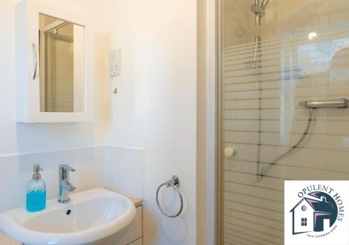 un bagno con lavandino e doccia di Detached 4 bed - Modern Contractor Pad - Reading a Caversham