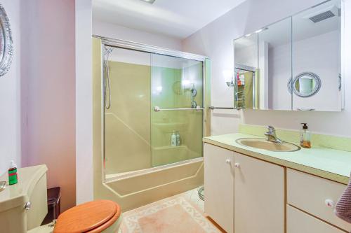 a bathroom with a shower and a sink at 4 Mi to Bromley Mtn Family-Friendly Retreat! in Landgrove Town Center