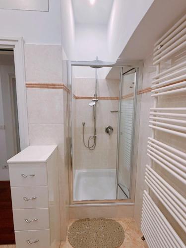 a bathroom with a shower with a glass shower backdoor at Atelier La Stube - Alpine Design Home in Bolzano