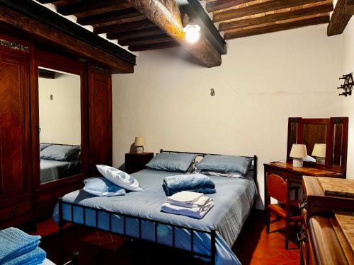 a bedroom with a bed with blue pillows on it at Appartamento Kira in Porrona
