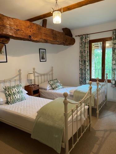 a bedroom with two beds and a chandelier at Georgie et Margot - Chambres d'hotes et Gite in La Châtre-Langlin